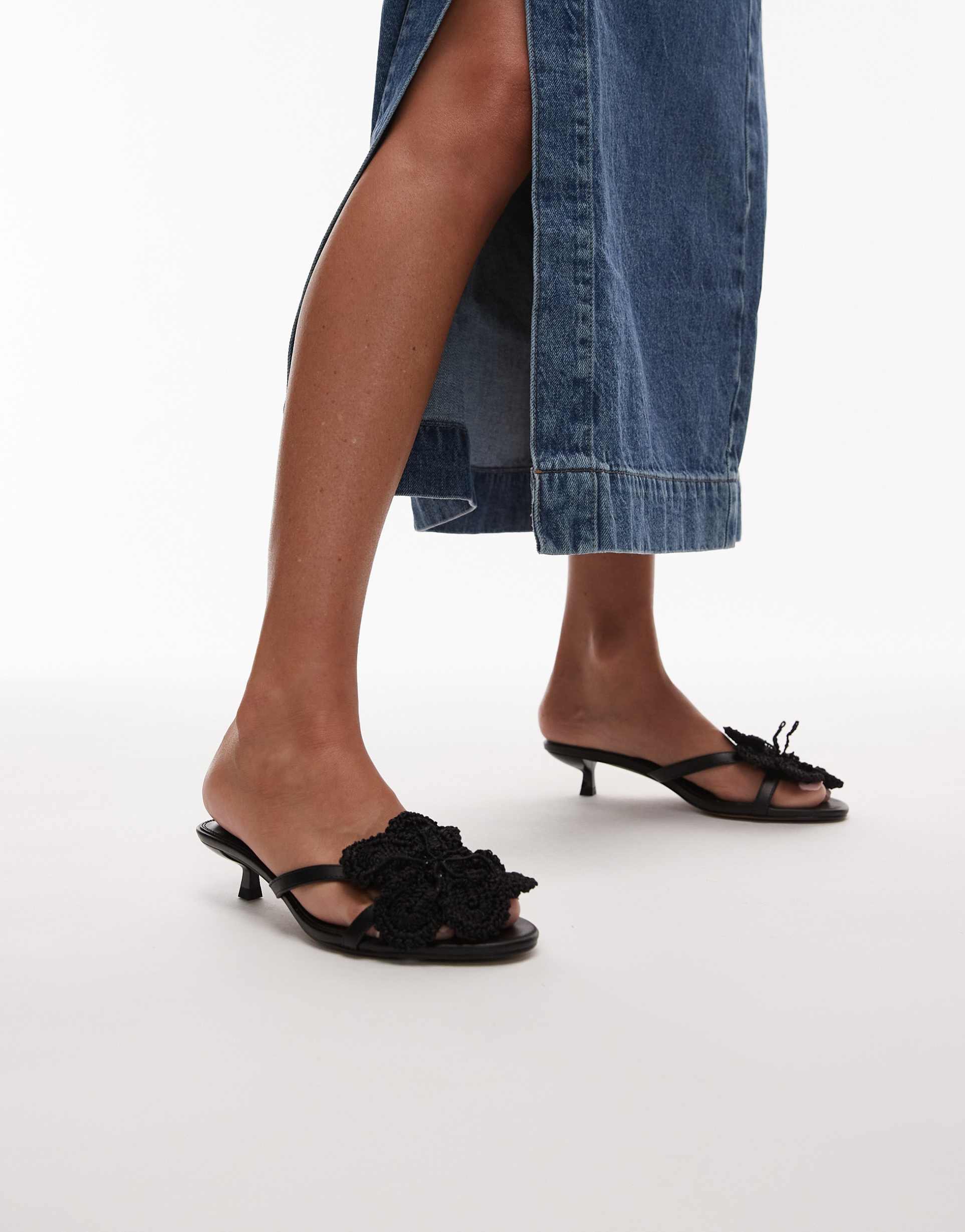 topshop ish kitten heeled sandals with knit flowers in black