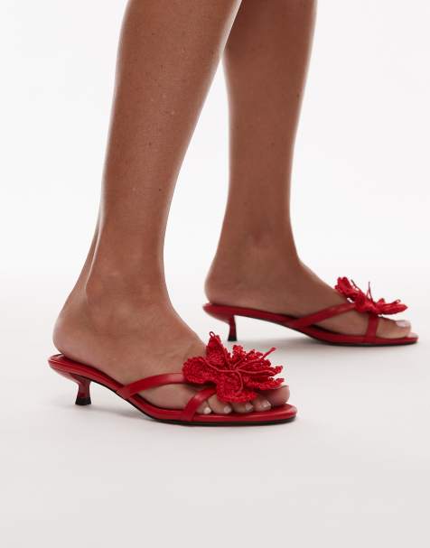 Topshop Ish kitten heeled sandals with knit flowers in red - view 1
