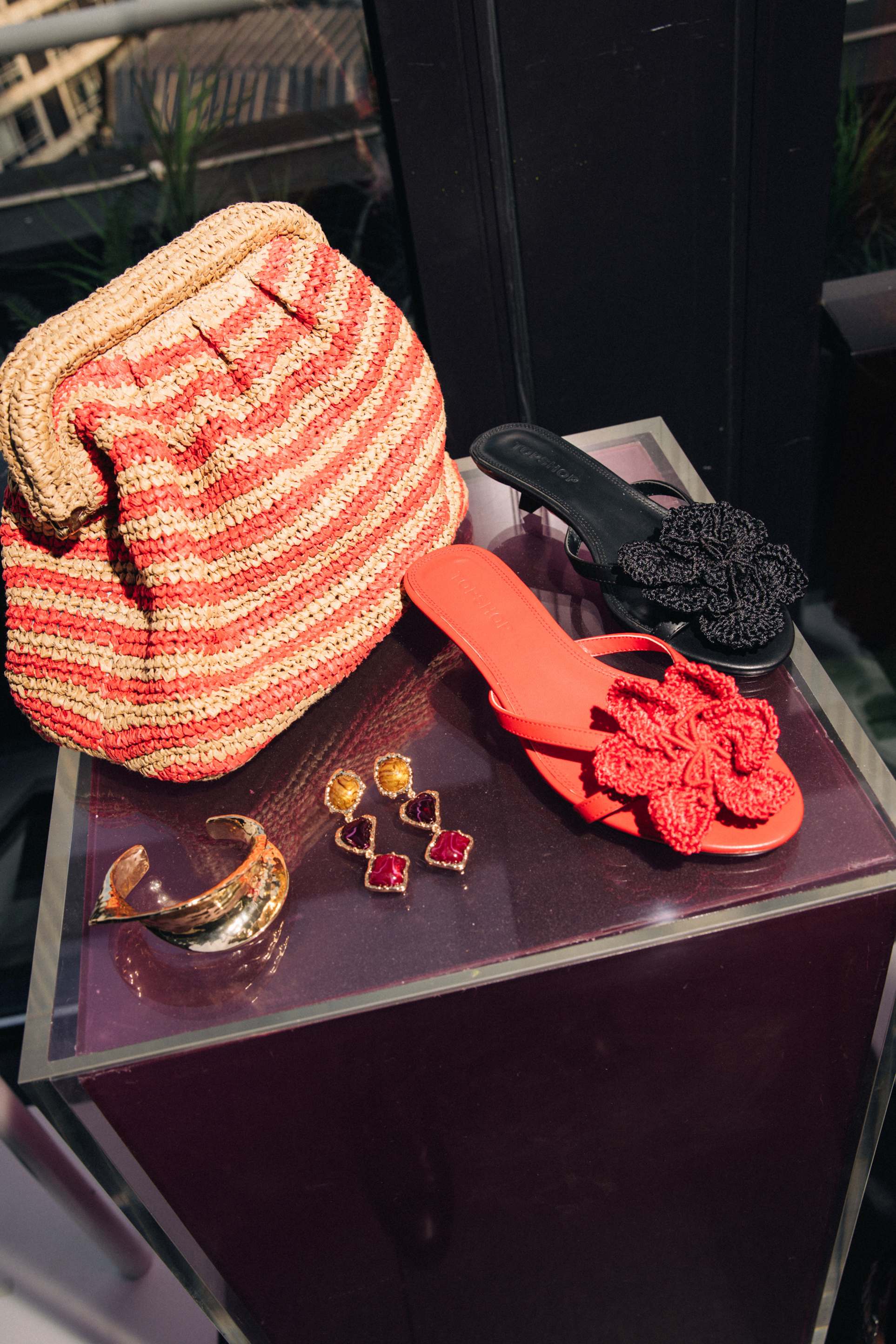 topshop ish kitten heeled sandals with knit flowers in red