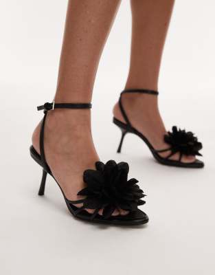 Topshop - Isla - Sandaletten in Schwarz mit Blumenapplikation und hohem Absatz