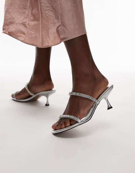 Topshop Issa embellished mid heel sandals in silver - view 1