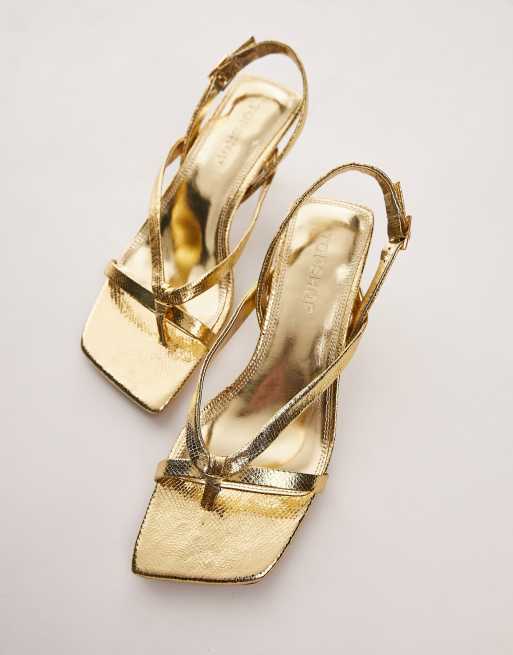 Topshop Issy toe post strappy heeled sandals in gold lizard ASOS