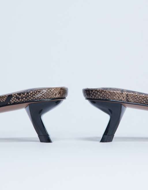 Topshop Ivee kitten heeled mules in natural snake, 3 of 4