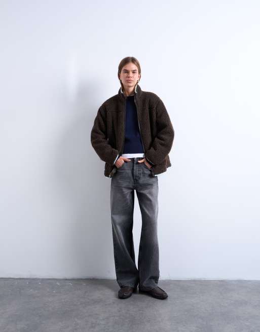 Topshop - Jack van borg fleece met contrasterende biezen in bruin, 2 van 4