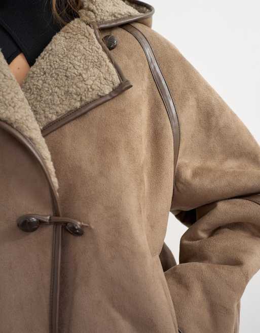 Topshop jacka med huva i shearling och toggleknäppning, brun, 2 av 4
