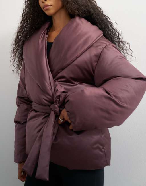 Topshop jacka med sjalkrage, skärp och vaddering i fig, 2 av 4