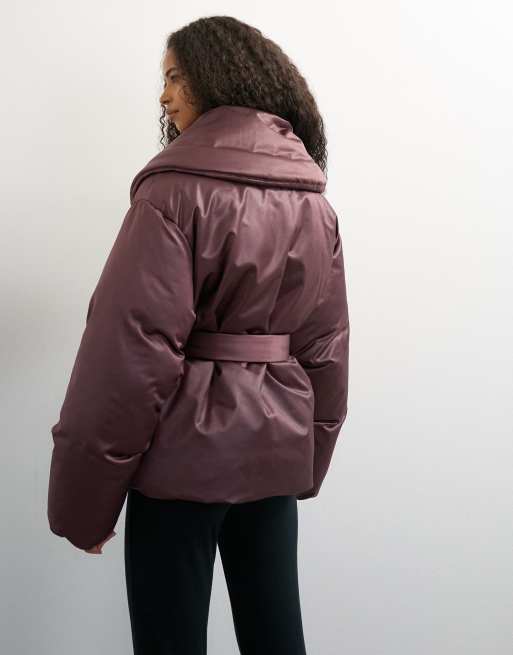 Topshop jacka med sjalkrage, skärp och vaddering i fig, 4 av 4