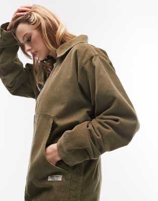 Topshop - Jacke aus Cord in Khaki mit durchgehendem Reißverschluss-Grün