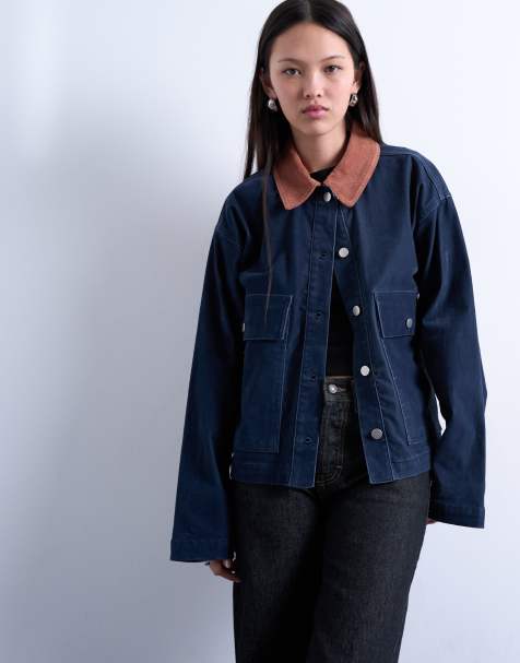Topshop – Jacke aus Cord in Marineblau mit kontrastierendem Kragen aus Cord - view 1