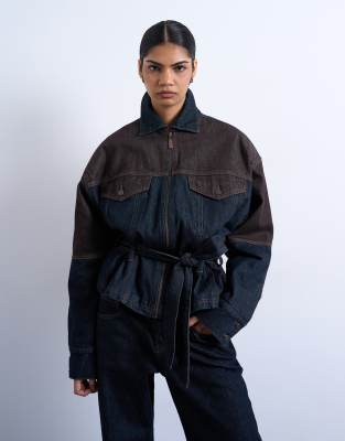 Topshop - Jacke aus Denim in Braun und Blau mit Kordelzug-Bunt