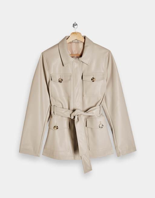 Topshop – Jacke aus Kunstleder in Ecru mit Taillenband zum Binden, 4 von 4