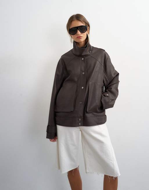 Topshop – Jacke aus Kunstleder in Schokoladenbraun mit Stehkragen, 2 von 4