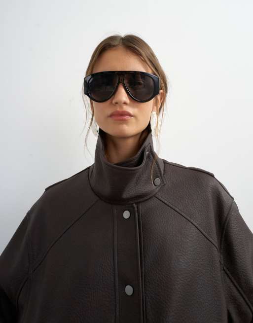 Topshop – Jacke aus Kunstleder in Schokoladenbraun mit Stehkragen, 3 von 4