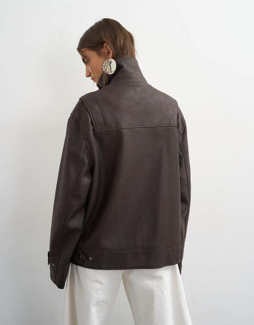 Topshop – Jacke aus Kunstleder in Schokoladenbraun mit Stehkragen, 4 von 4