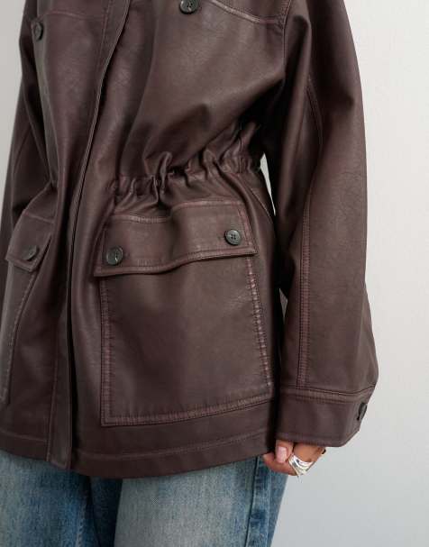 Topshop Jacke in gewaschenem Braun in Lederoptik mit Taillierung - view 1