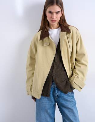 Jacke in verwaschenem Beige mit farblich abgesetztem Cord-Kragen und Reißverschluss auf der Vorderseite-Neutral Neutral XS