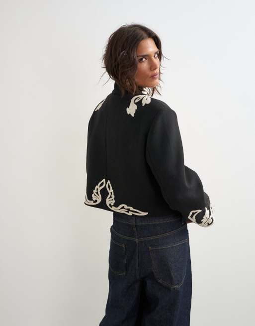 Topshop Jacke mit Kontraststickerei in Schwarz, 3 von 4
