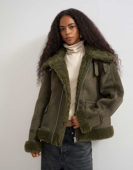 Topshop Jacke mit Shearling-Kragen-Detail in Khaki, 2 von 4