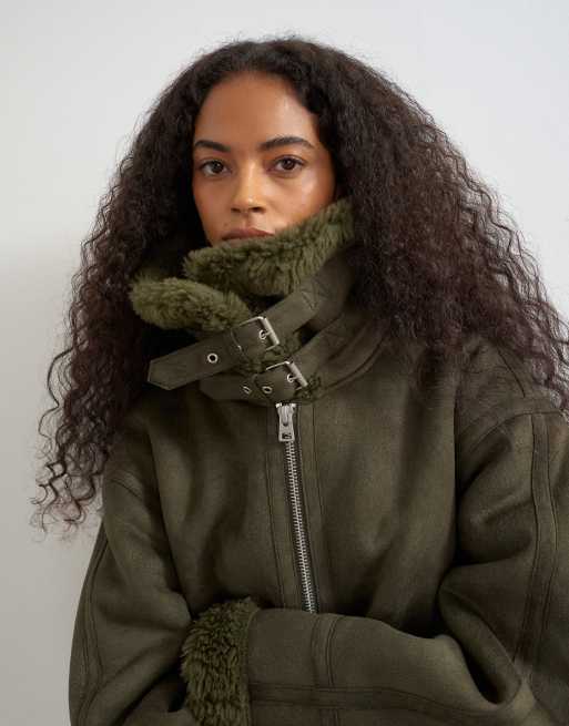 Topshop Jacke mit Shearling-Kragen-Detail in Khaki, 3 von 4