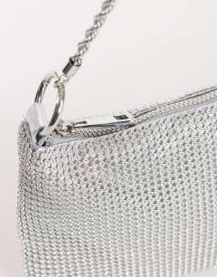 Model wearing Jackie small diamante shoulder bag in silver