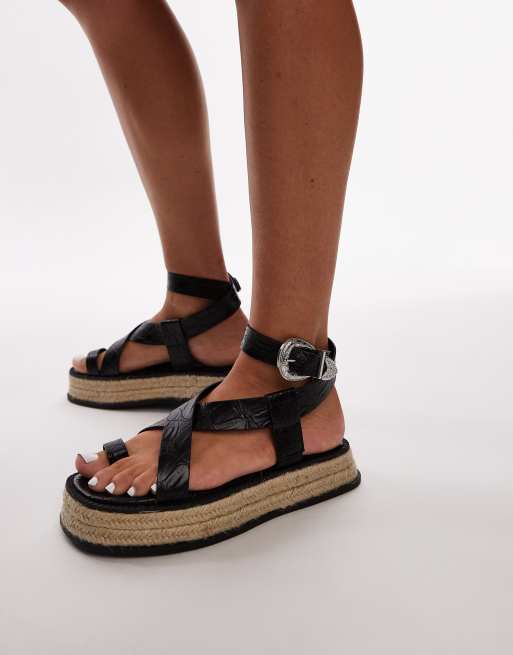 Topshop - Jackson - Sorte espadrille-sandaler med stropper og tårem og krokodillemønster