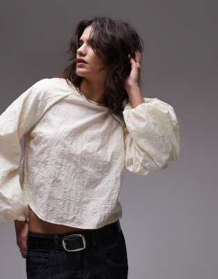 jacquard balloon sleeve top in ivory-White