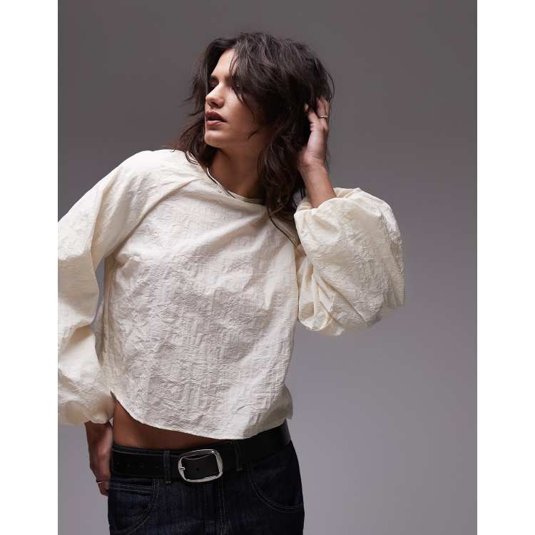 Topshop jacquard balloon sleeve top in ivory | ASOS