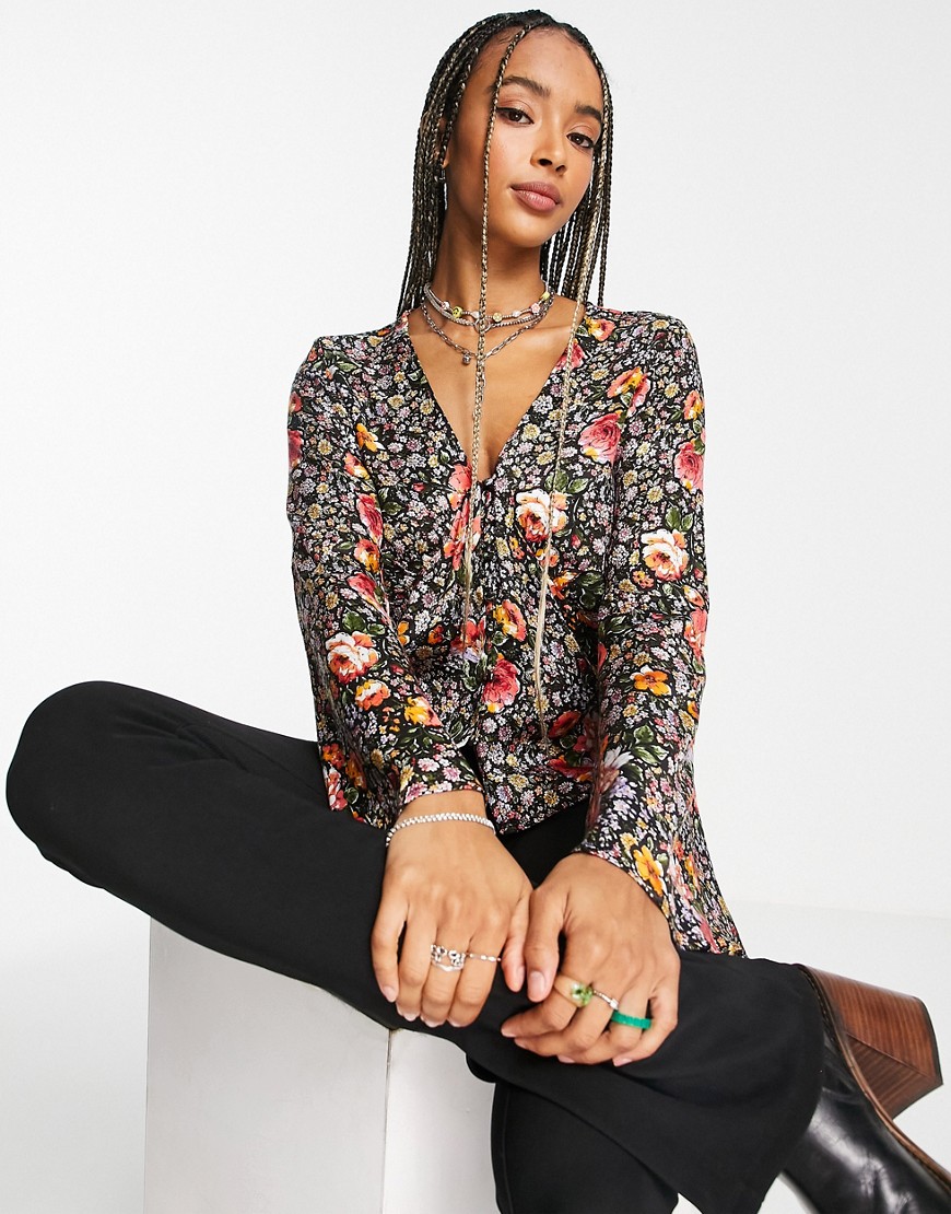 Topshop jacquard button front flute sleeve blouse in floral multi