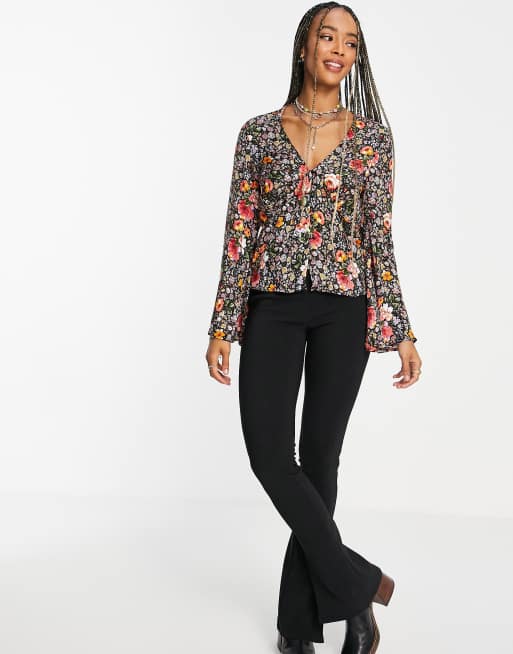 Topshop jacquard button front flute sleeve blouse in floral