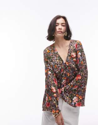 Topshop Jacquard Button Front Flute Sleeve Blouse In Floral Multi