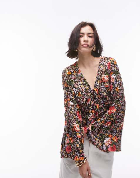 Topshop jacquard button front flute sleeve blouse in floral multi - view 1