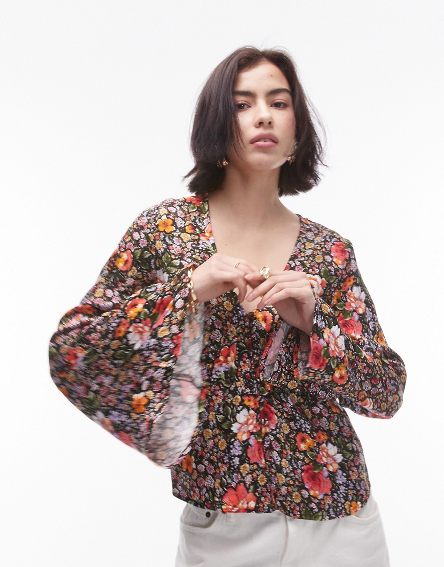 Topshop Jacquard Button Front Flute Sleeve Blouse In Floral Multi