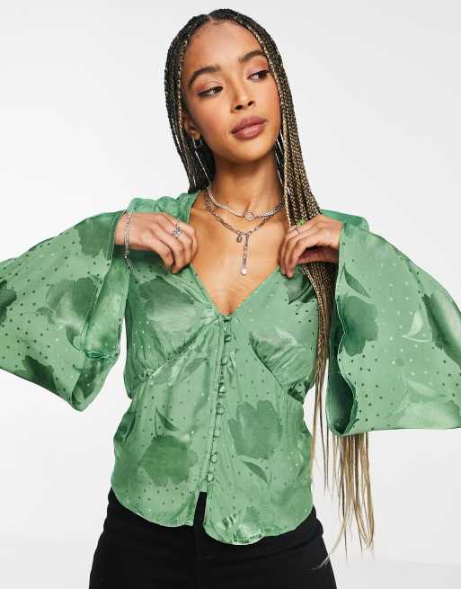 Topshop jacquard button front flute sleeve blouse in green