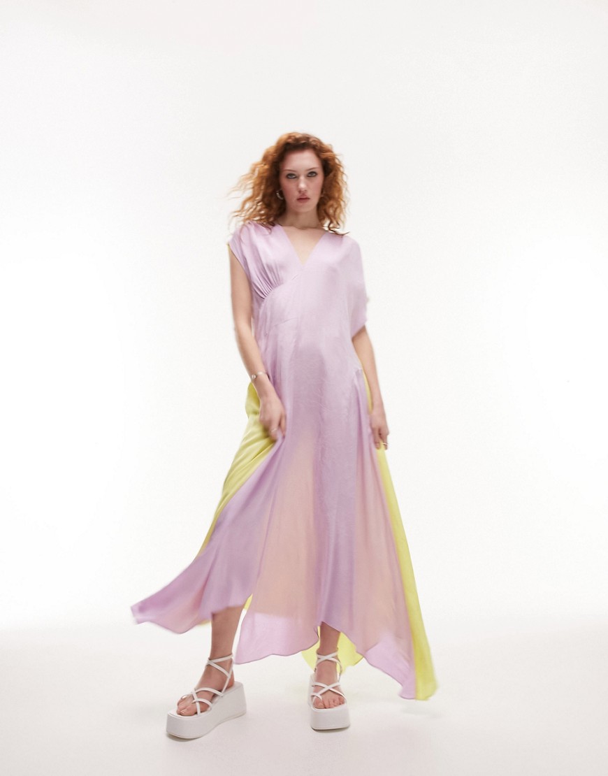 Topshop jacquard colour block asymmetric midi dress in lime and lilac-Multi