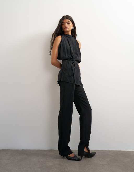 Topshop jacquard drape detail longline tie detail top in black, 2 of 4