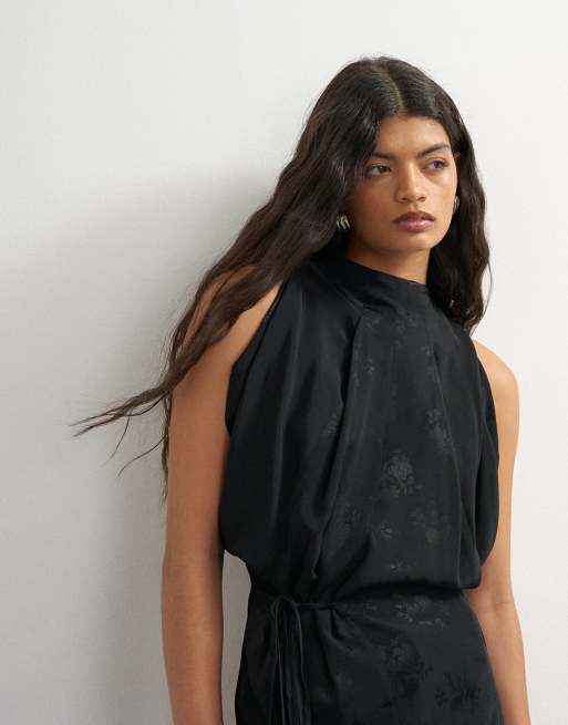 Topshop jacquard drape detail longline tie detail top in black, 3 of 4