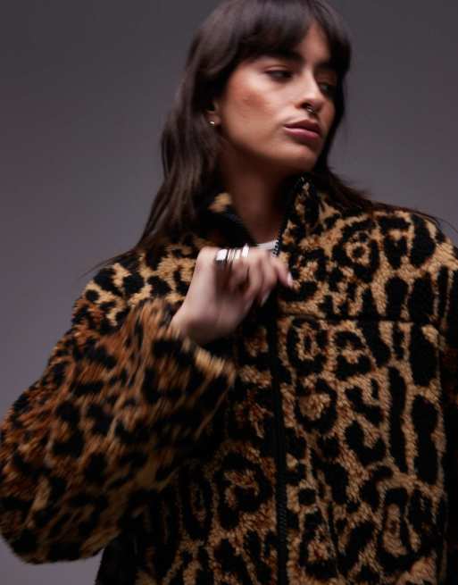 Topshop jacquard fleece borg jacket in leopard, 3 of 4