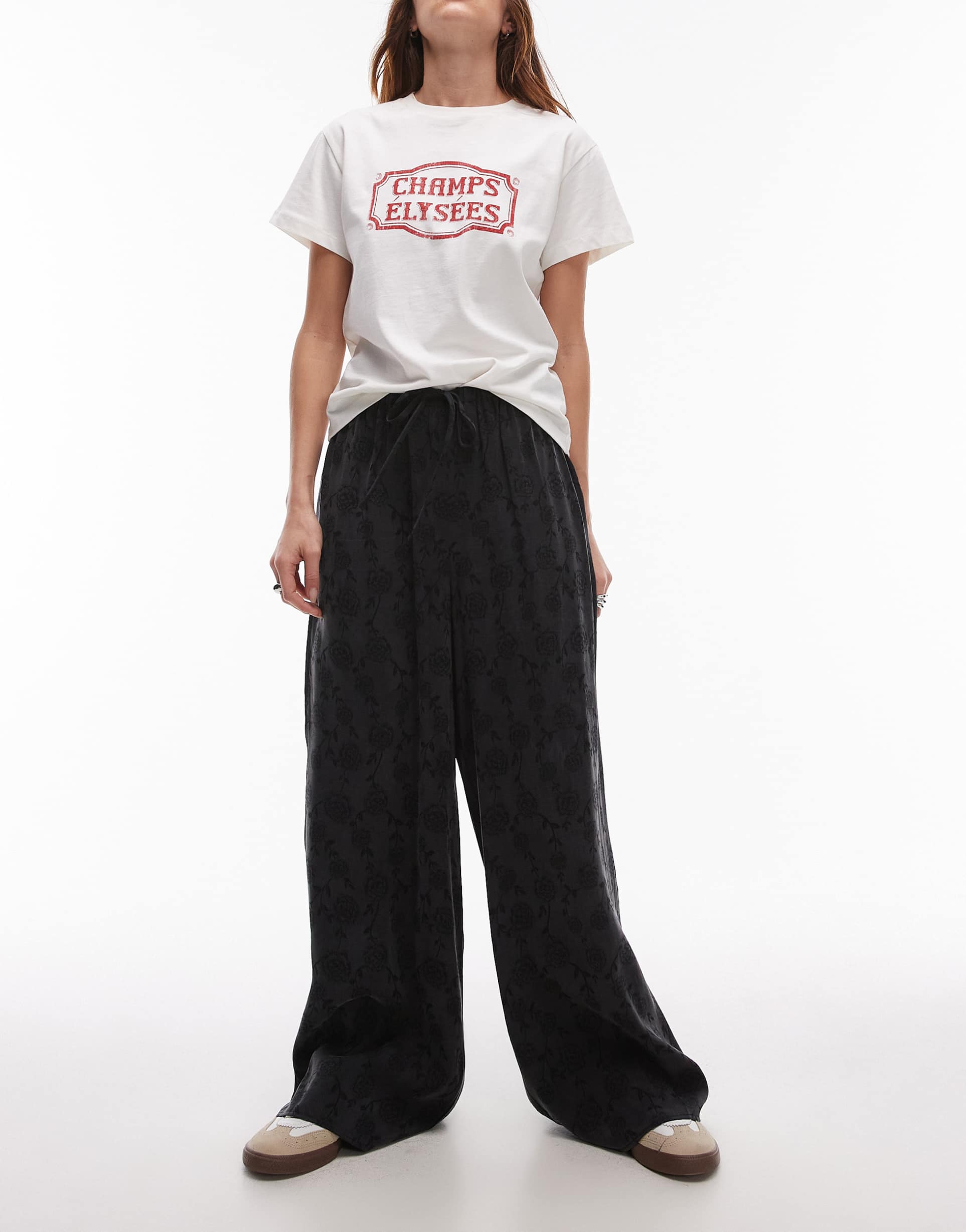 topshop jacquard floral drawcord pant in black