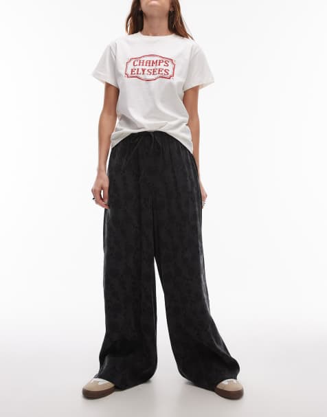 Topshop jacquard floral drawcord pants in black - view 1