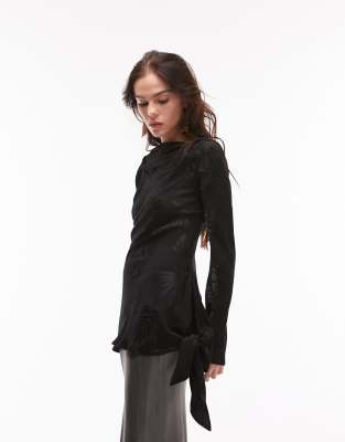 Topshop Jacquard Flute Sleeve Top In Black