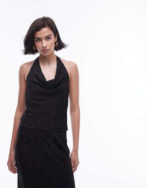 Topshop jacquard halter top in black - part of a set - view 1