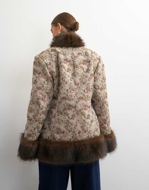 Topshop jacquard jack met faux-fur afwerking in multi, 4 van 4