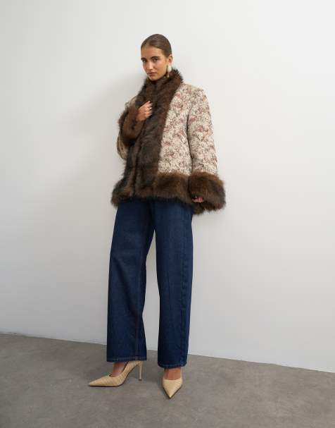 Topshop jacquard jacket with faux fur trim in multi - view 1