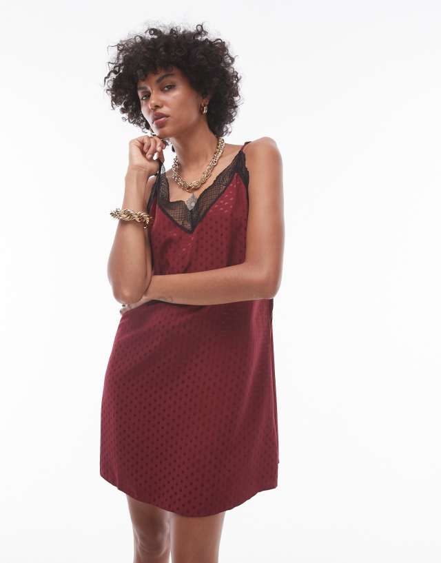 Topshop - jacquard lace trim mini slip dress in burgundy