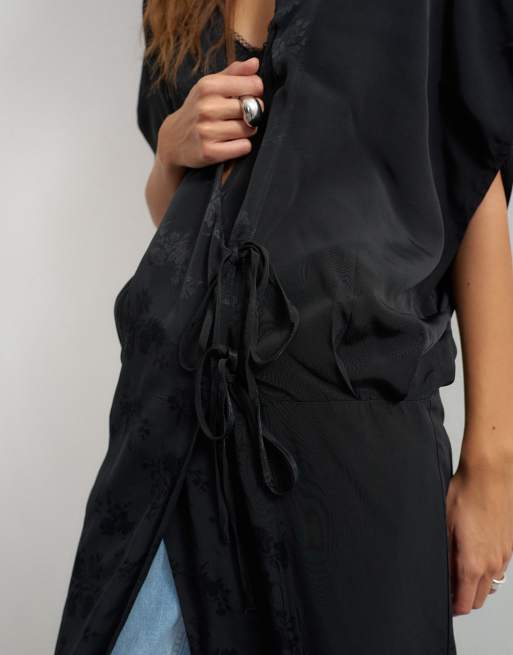 Topshop jacquard maxi sengejakke i sort, 3 af 4