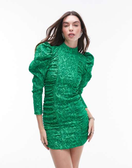 Topshop – Jacquard-Minikleid in Grün mit Ärmeldetails