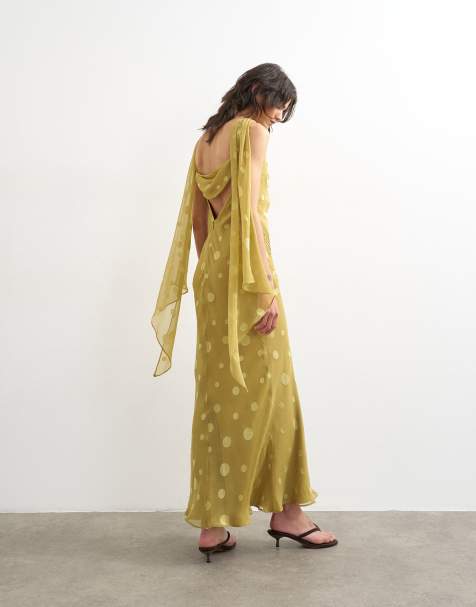 Topshop jacquard polka dot occasion maxi dress with open back in green - view 1