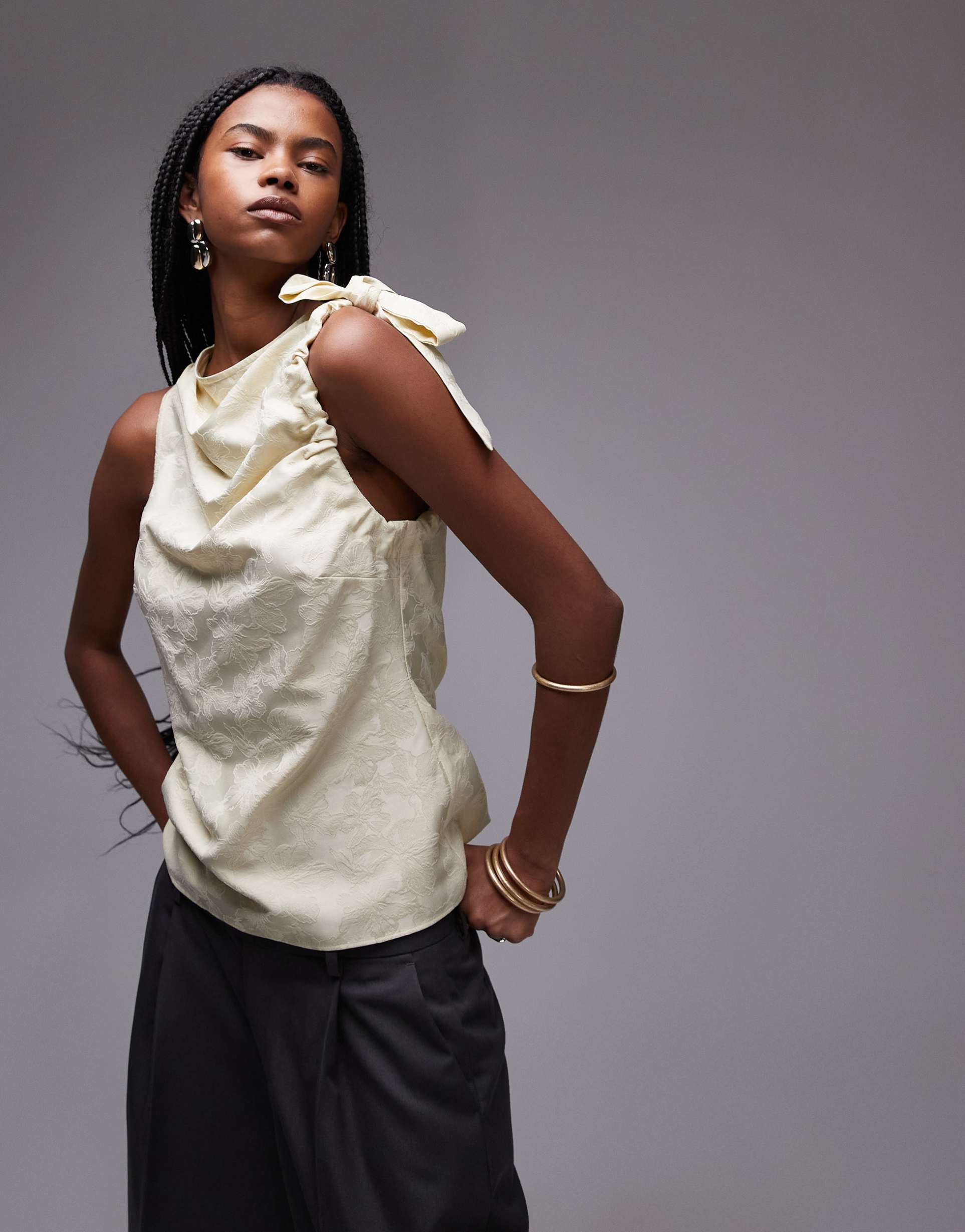 topshop jacquard ruched shoulder sleeveless top in buttermilk