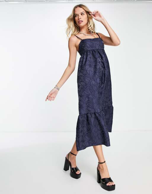 Topshop jacquard slip dress in navy