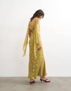 Jacquard spot maxi occasion dress with open back in green